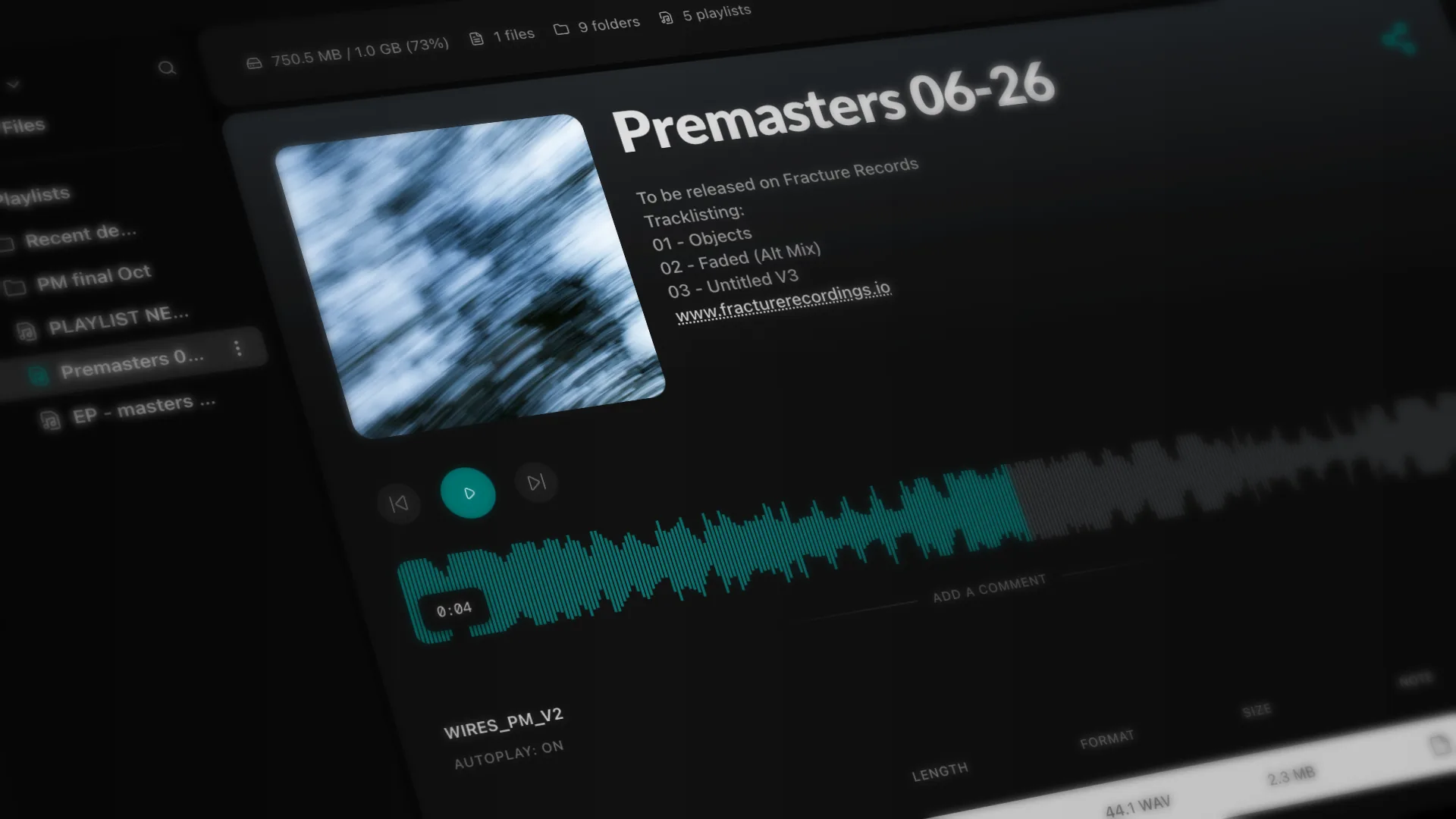 Echoe workspace showing a playlist with tracklist notes, waveform player, and shared folders